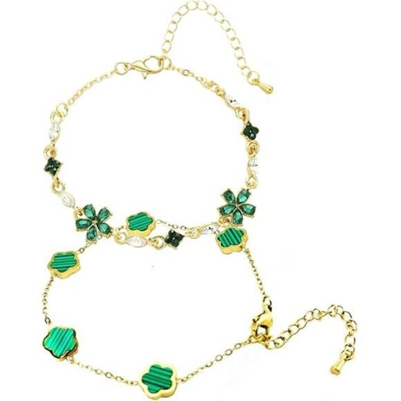 Gold clover bracelet set lucky charm stackable rhinestone adjustable jewelry gif - Picture 8 of 8